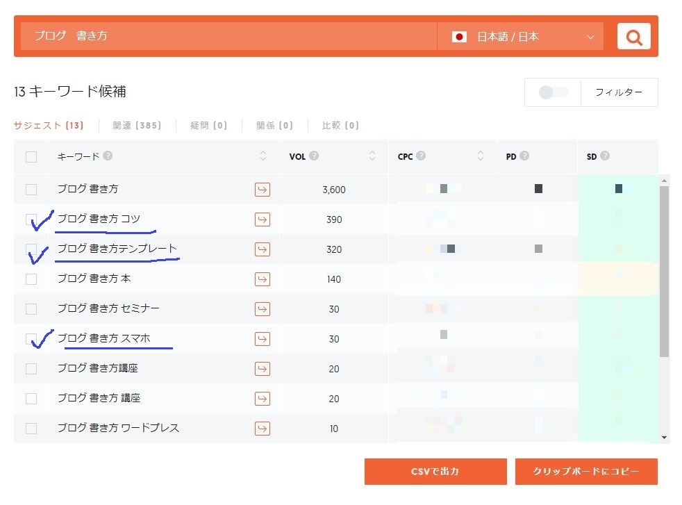 Ubersuggestのキーワード候補から選択